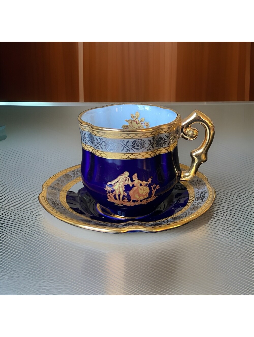 Porcelain Imperia Limoges Demitasse Cup Saucer Cobalt Blue Gold Rose 22k France
